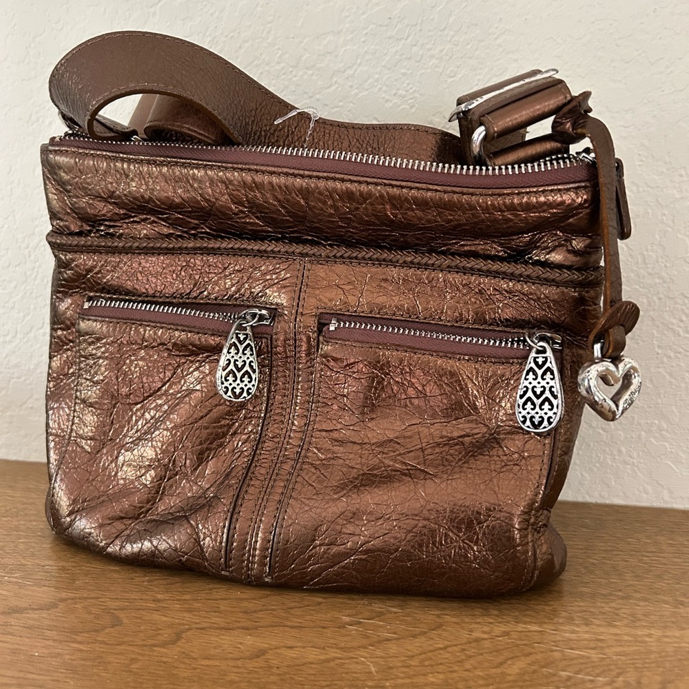 Brighton crossbody bag, Gold shimmer Pewter tone zip top closure